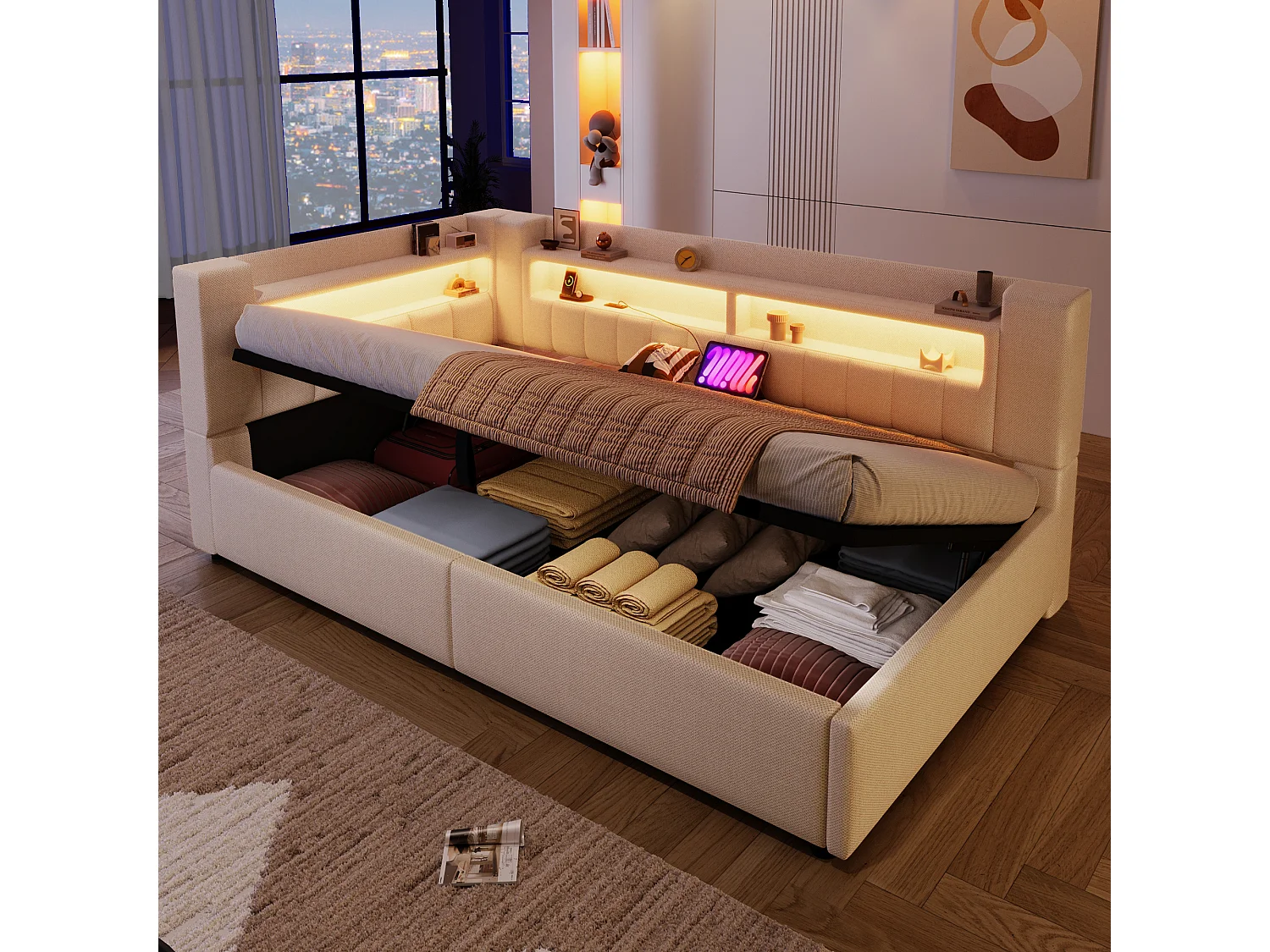 Hydraulisch opbergbare slaapbank voor kinderen - 90 x 200 cm - met USB + Type-C + LED's + opbergruimte - linnen - beige