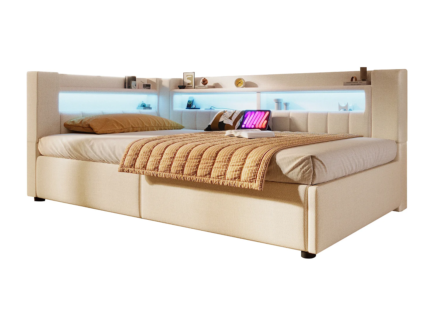 Hydraulisch opbergbare slaapbank voor kinderen - 90 x 200 cm - met USB + Type-C + LED's + opbergruimte - linnen - beige