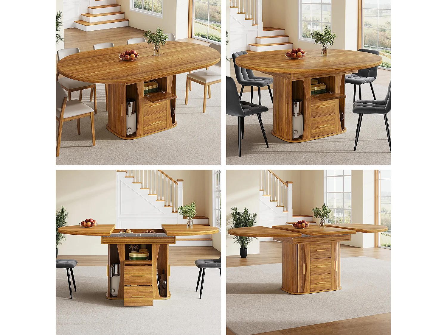 Table de salle à manger extensible 6 places - 118/158 x 118 x 77 cm - avec 3 portes + 2 tiroirs - MDF - naturel