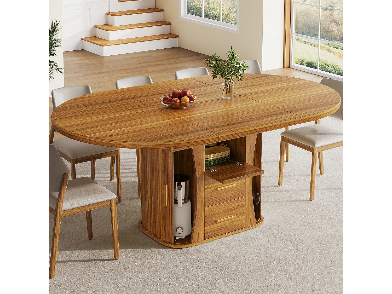 Table de salle à manger extensible 6 places - 118/158 x 118 x 77 cm - avec 3 portes + 2 tiroirs - MDF - naturel