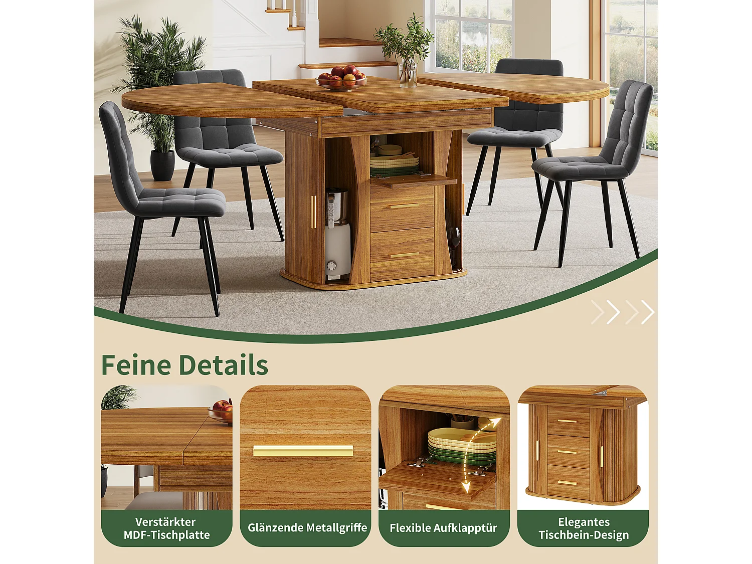 Table de salle à manger extensible 6 places - 118/158 x 118 x 77 cm - avec 3 portes + 2 tiroirs - MDF - naturel