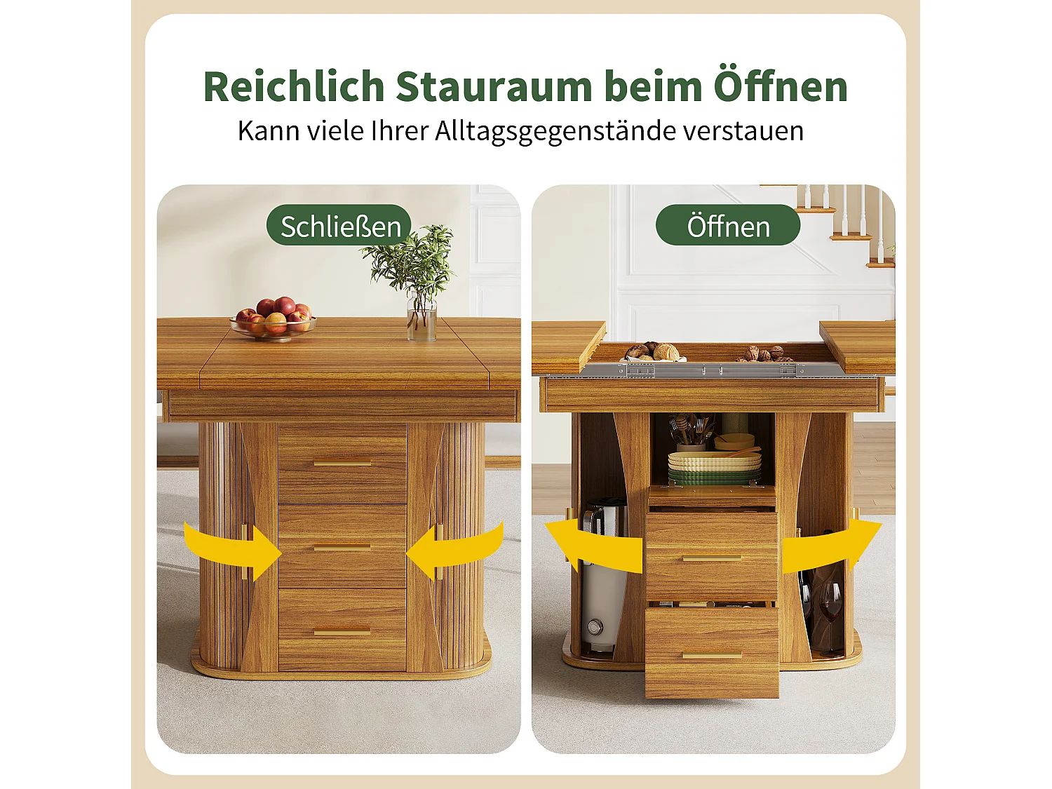 Table de salle à manger extensible 6 places - 118/158 x 118 x 77 cm - avec 3 portes + 2 tiroirs - MDF - naturel