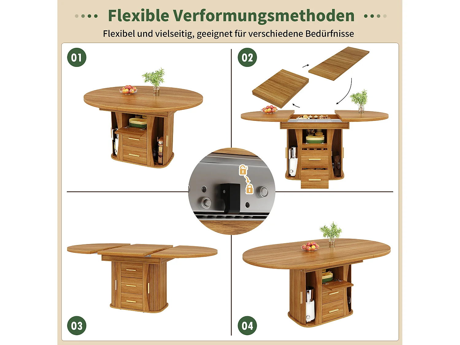 Table de salle à manger extensible 6 places - 118/158 x 118 x 77 cm - avec 3 portes + 2 tiroirs - MDF - naturel