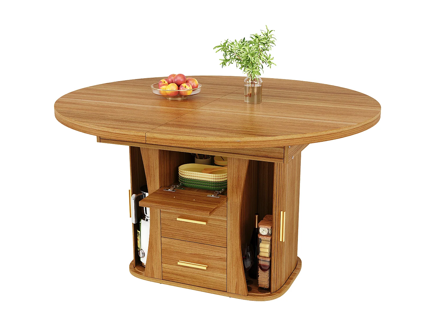 Table de salle à manger extensible 6 places - 118/158 x 118 x 77 cm - avec 3 portes + 2 tiroirs - MDF - naturel