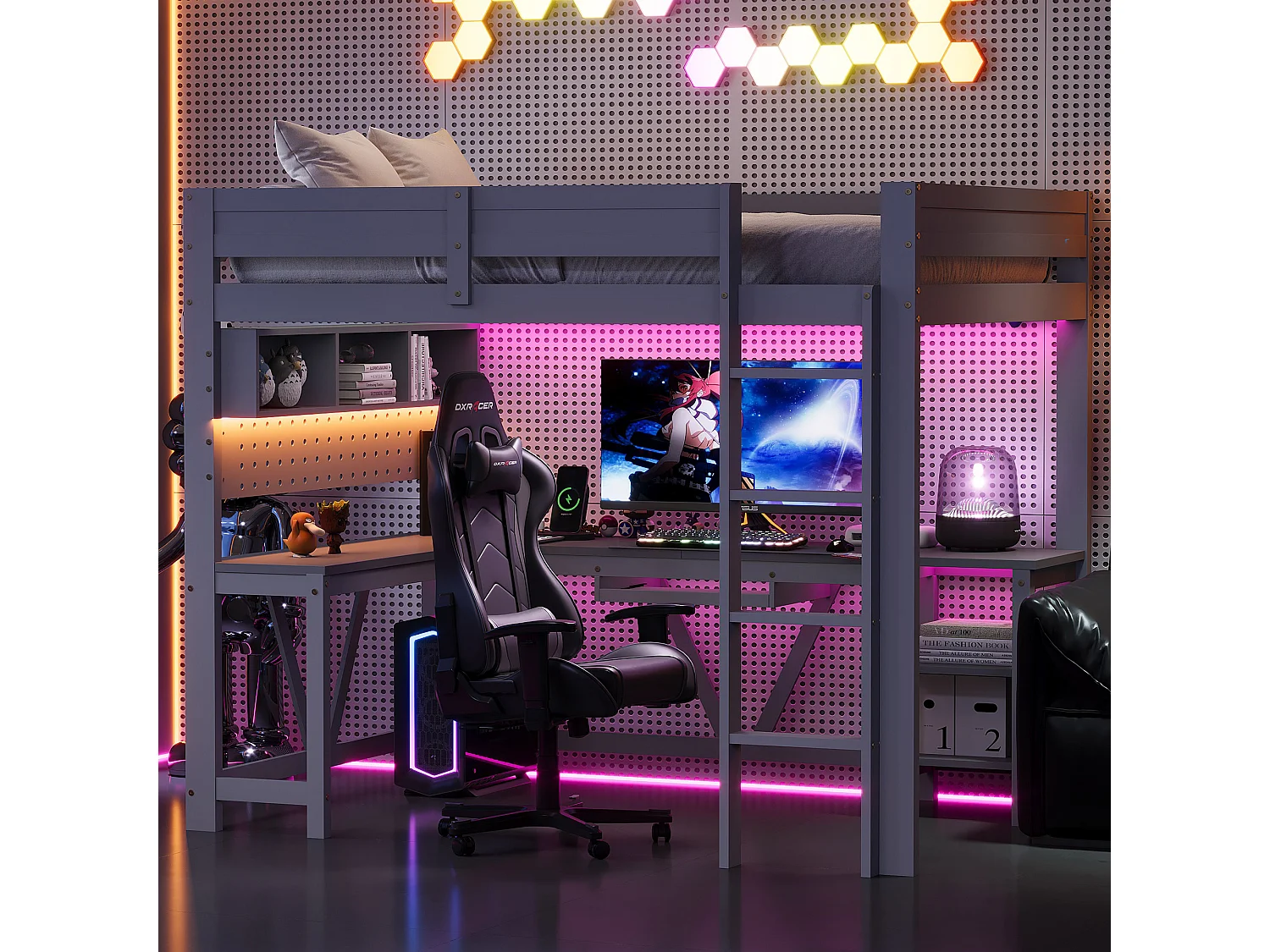Lit mezzanine gaming en bois pour enfant - 90 x 200 cm - avec bureau + étagère de rangement + Leds - MDF + bois - gris