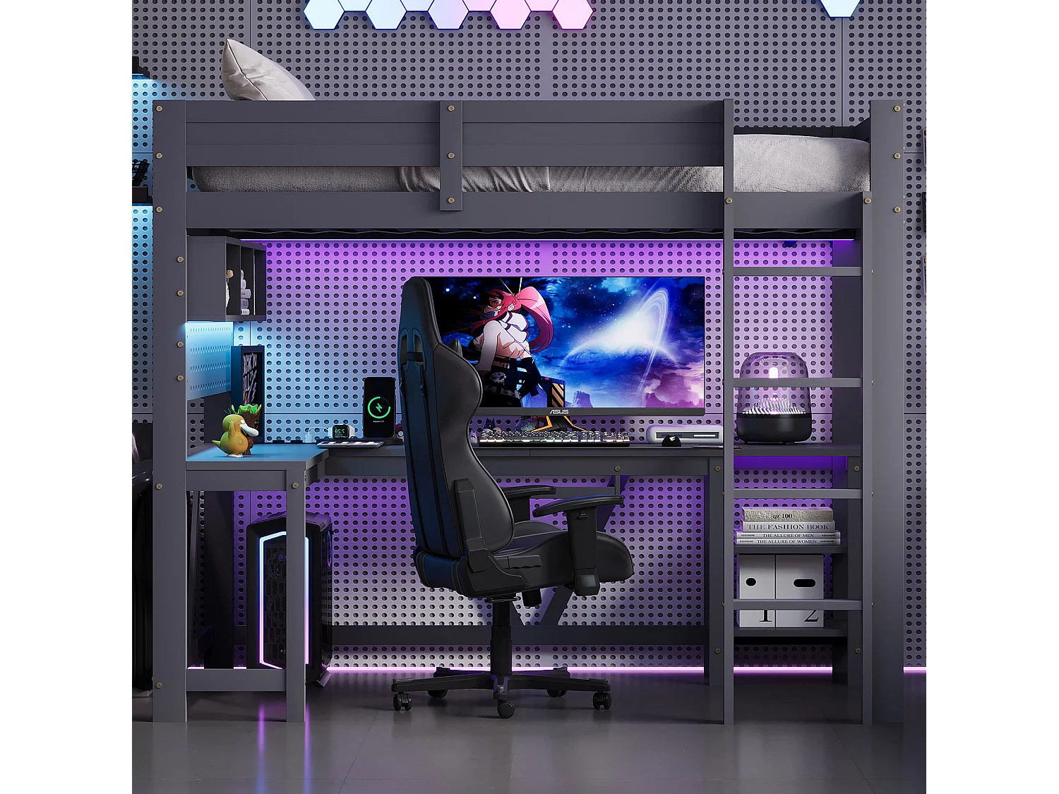 Lit mezzanine gaming en bois pour enfant - 90 x 200 cm - avec bureau + étagère de rangement + Leds - MDF + bois - gris