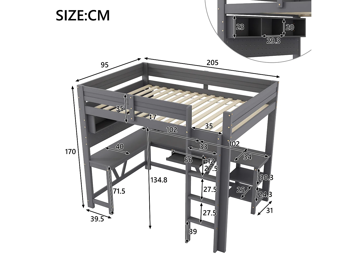 Lit mezzanine gaming en bois pour enfant - 90 x 200 cm - avec bureau + étagère de rangement + Leds - MDF + bois - gris