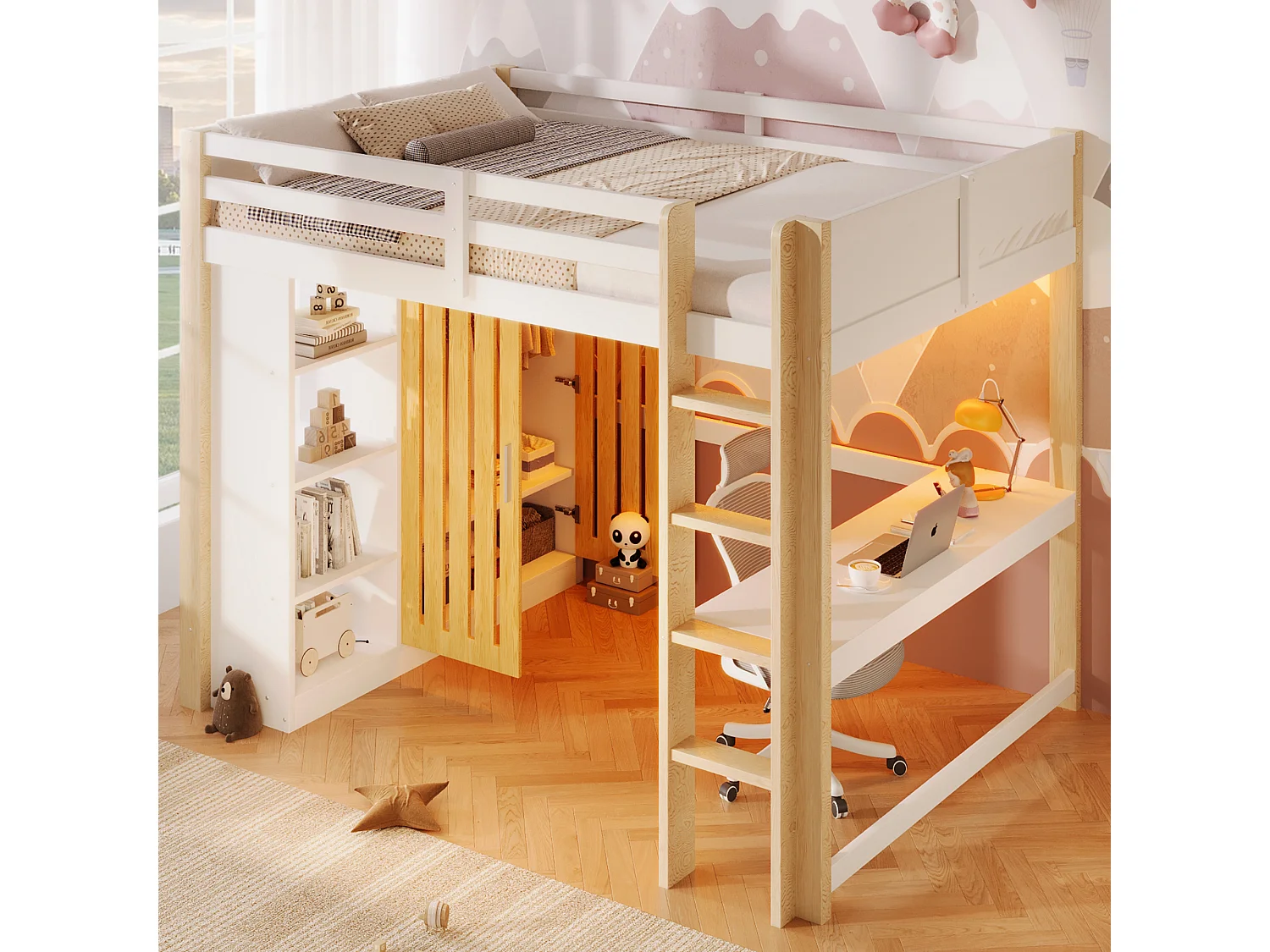 Letto a soppalco per bambini - 140 x 200 cm - con LED + armadio + ripiano portaoggetti + scrivania - legno - bianco + naturale