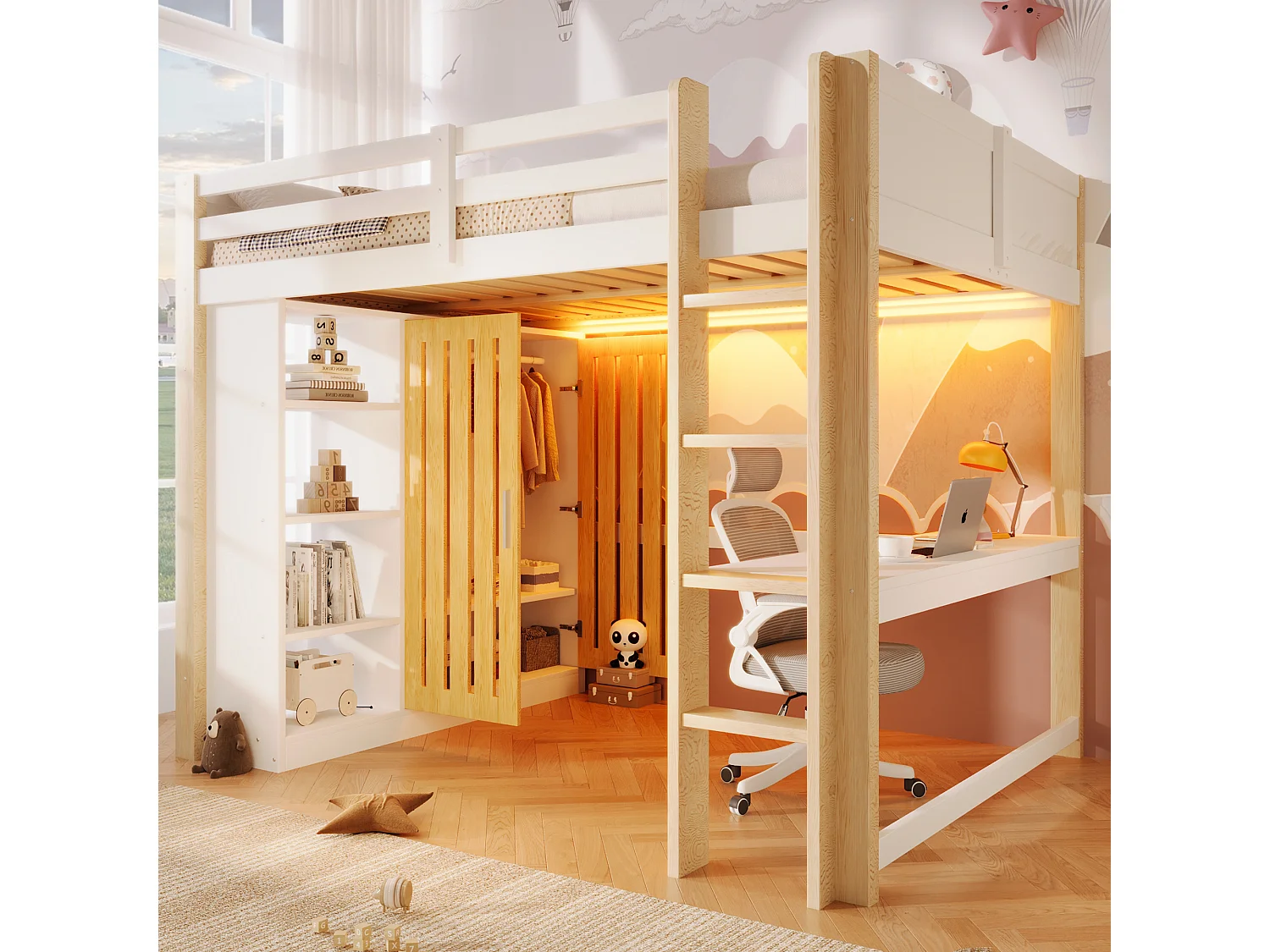 Letto a soppalco per bambini - 140 x 200 cm - con LED + armadio + ripiano portaoggetti + scrivania - legno - bianco + naturale