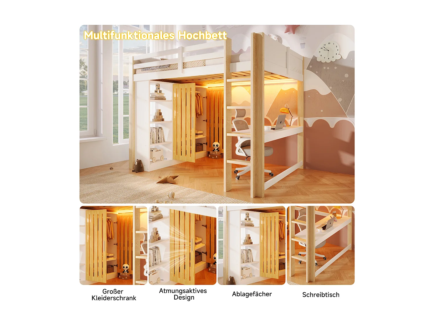 Letto a soppalco per bambini - 140 x 200 cm - con LED + armadio + ripiano portaoggetti + scrivania - legno - bianco + naturale