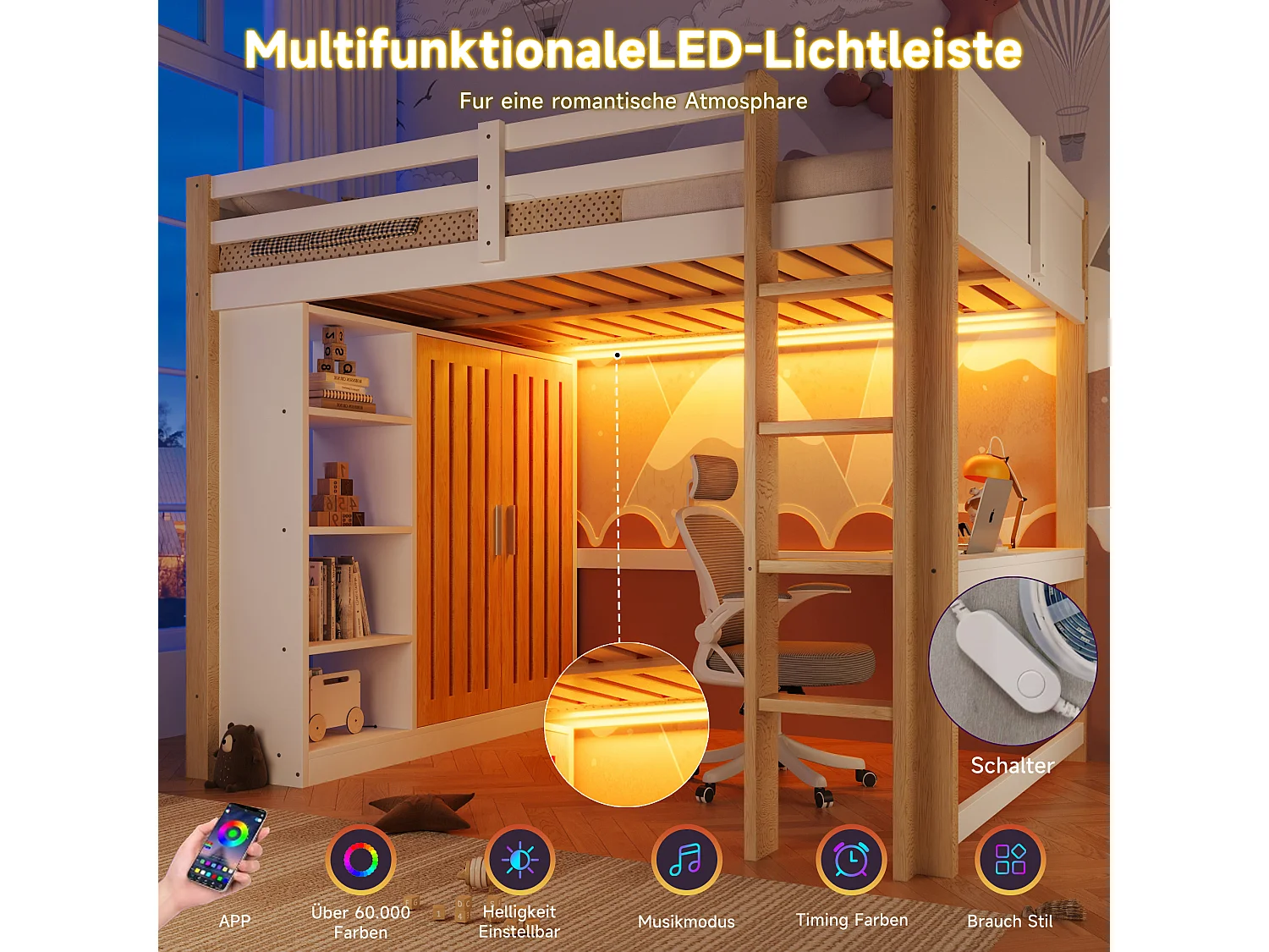 Letto a soppalco per bambini - 140 x 200 cm - con LED + armadio + ripiano portaoggetti + scrivania - legno - bianco + naturale