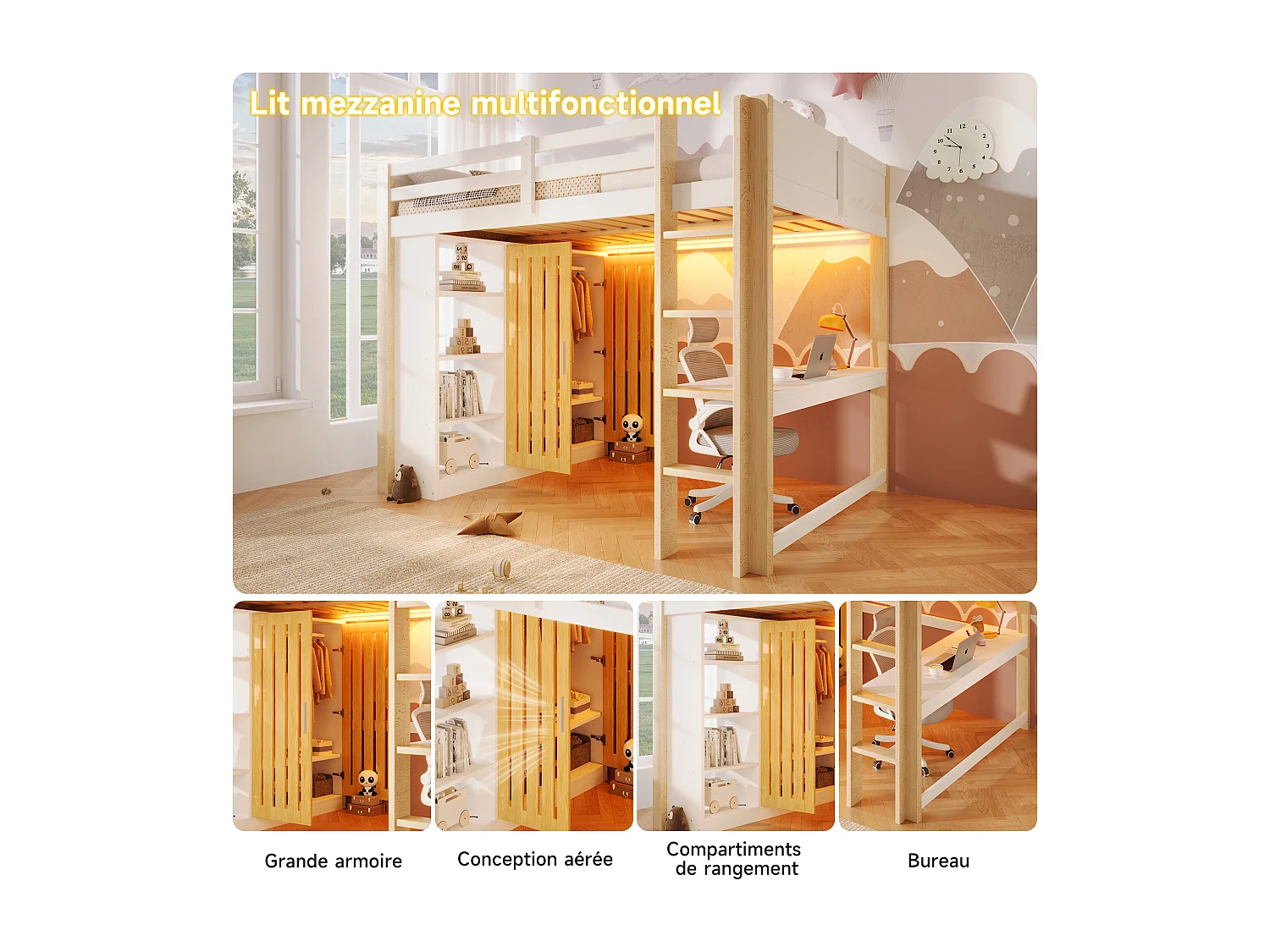 Letto a soppalco per bambini - 140 x 200 cm - con LED + armadio + ripiano portaoggetti + scrivania - legno - bianco + naturale