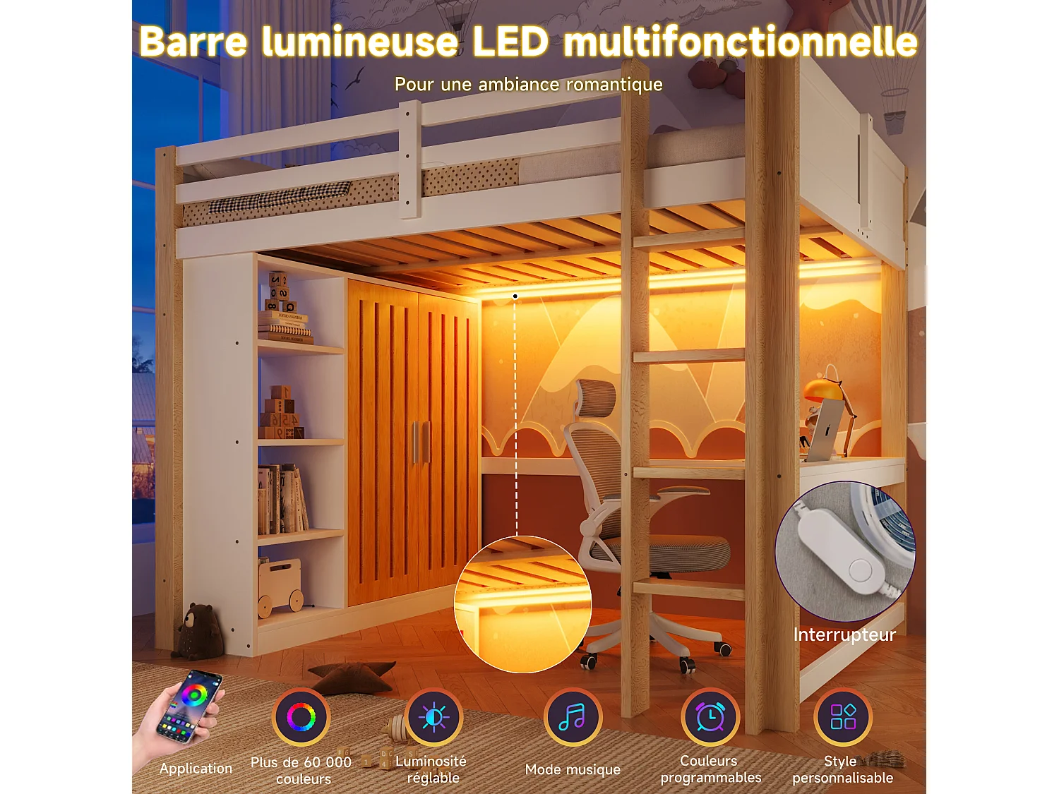 Letto a soppalco per bambini - 140 x 200 cm - con LED + armadio + ripiano portaoggetti + scrivania - legno - bianco + naturale