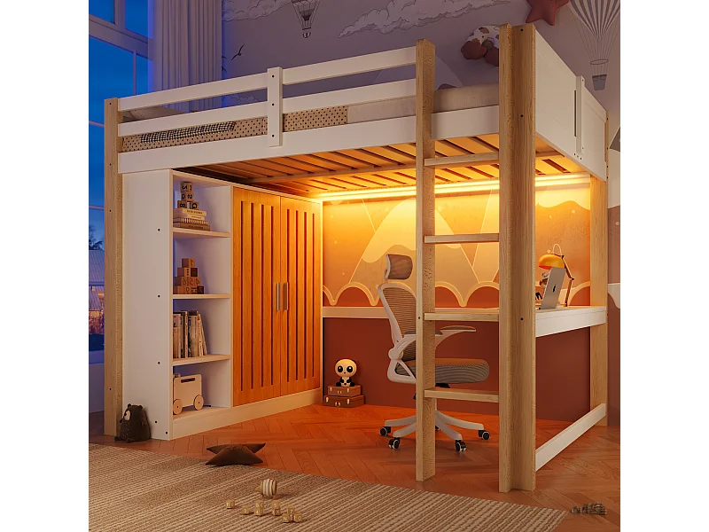Letto a soppalco per bambini - 140 x 200 cm - con LED + armadio + ripiano portaoggetti + scrivania - legno - bianco + naturale