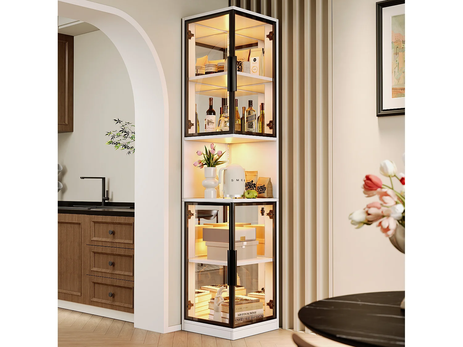 Hohe Vitrine – 42 x 44 x 205 cm – mit LEDs, Glastür und verspiegelter Rückwand – Spanplatte – weiß