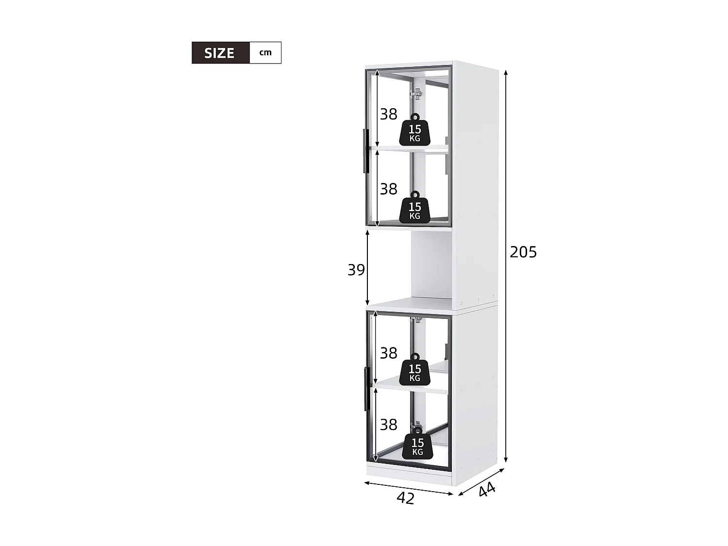 Hohe Vitrine – 42 x 44 x 205 cm – mit LEDs, Glastür und verspiegelter Rückwand – Spanplatte – weiß