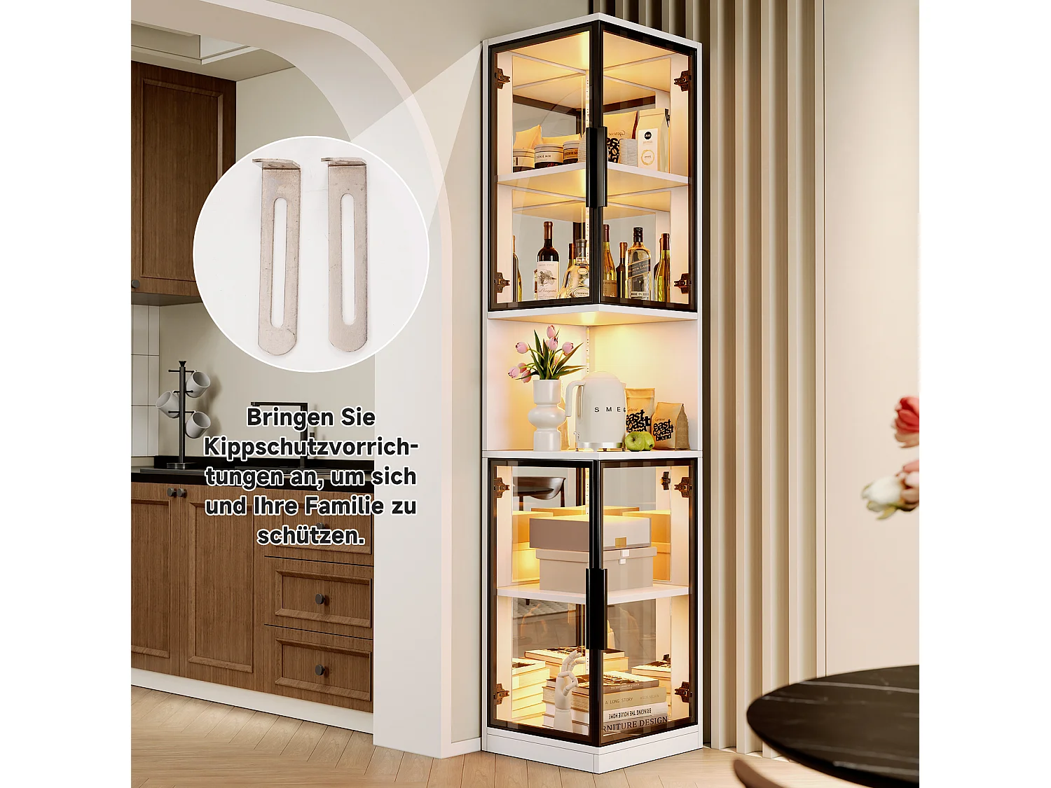 Hohe Vitrine – 42 x 44 x 205 cm – mit LEDs, Glastür und verspiegelter Rückwand – Spanplatte – weiß