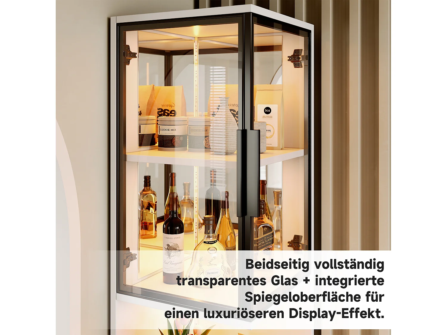 Hohe Vitrine – 42 x 44 x 205 cm – mit LEDs, Glastür und verspiegelter Rückwand – Spanplatte – weiß