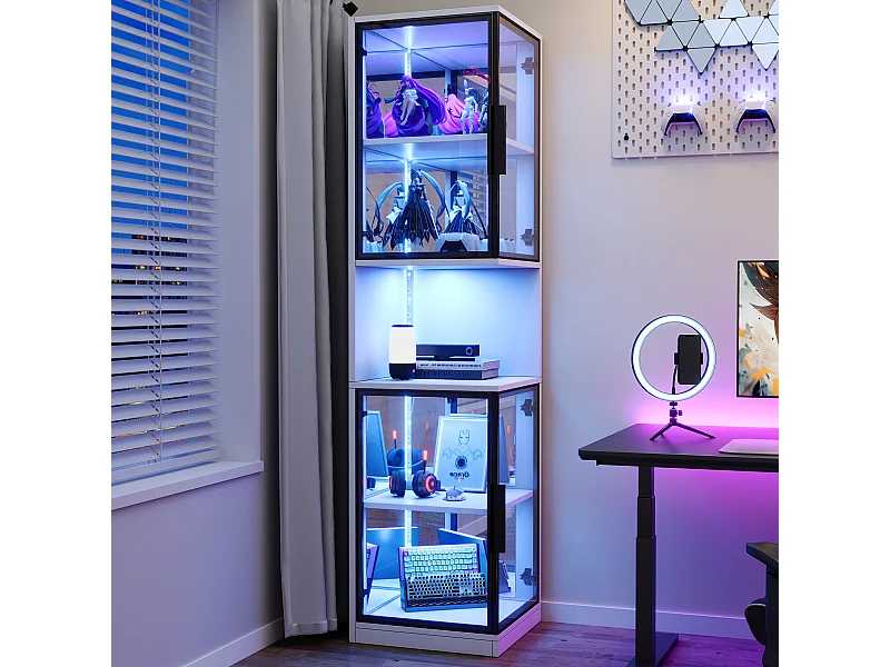 Hohe Vitrine – 42 x 44 x 205 cm – mit LEDs, Glastür und verspiegelter Rückwand – Spanplatte – weiß