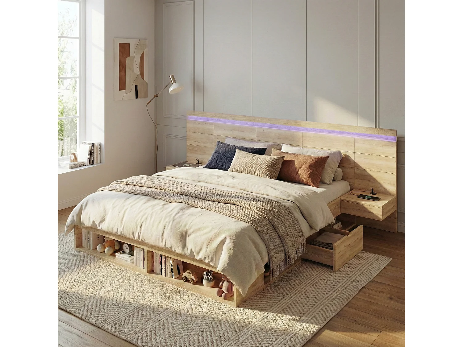 Lit coffre double en bois - 180 x 200 cm - avec USB + Leds + 2 tables de chevet + tiroirs + étagères - naturel