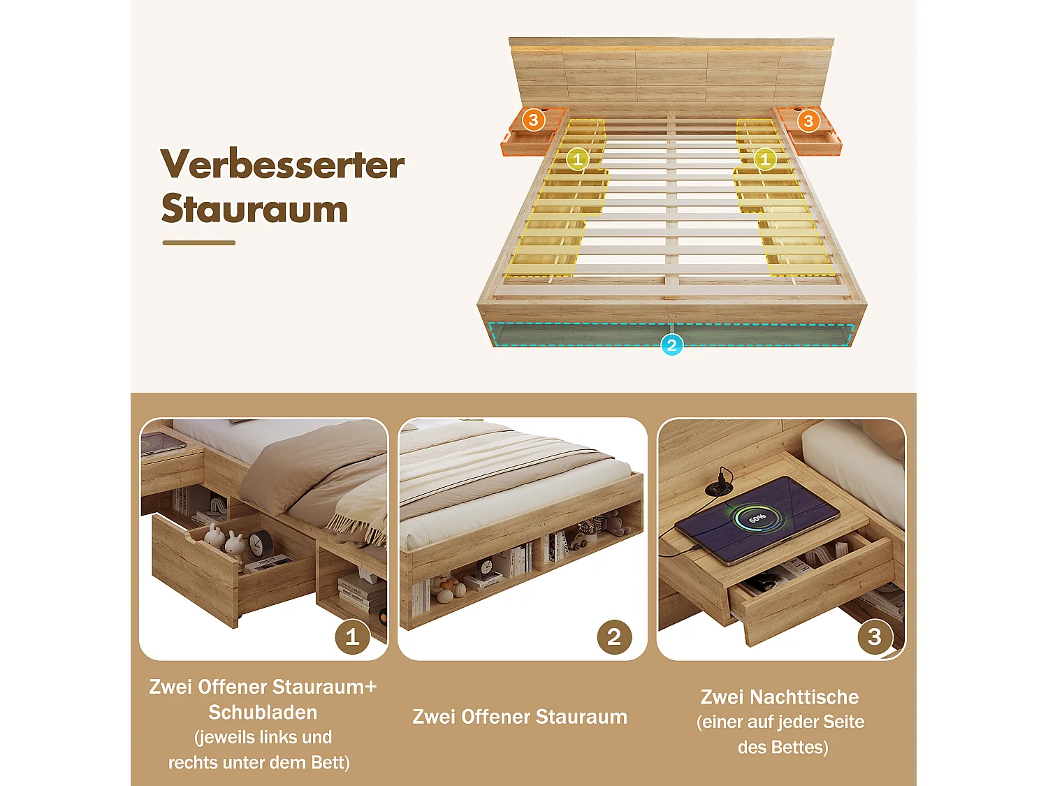 Lit coffre double en bois - 180 x 200 cm - avec USB + Leds + 2 tables de chevet + tiroirs + étagères - naturel