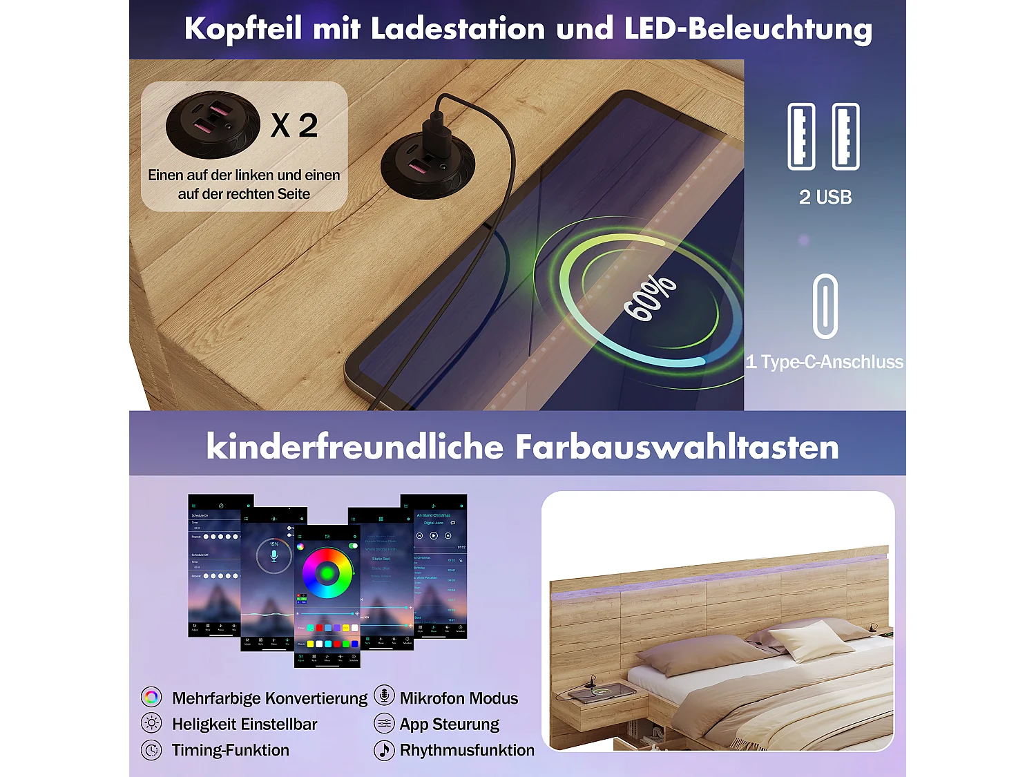 Lit coffre double en bois - 180 x 200 cm - avec USB + Leds + 2 tables de chevet + tiroirs + étagères - naturel