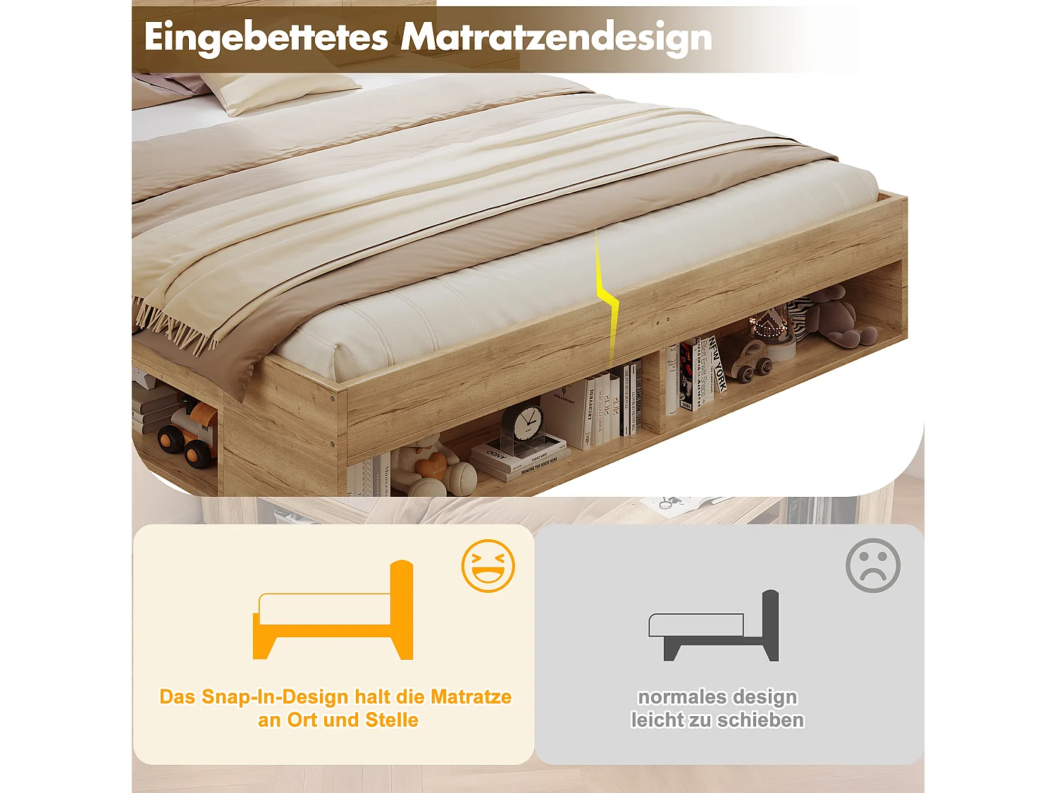 Lit coffre double en bois - 180 x 200 cm - avec USB + Leds + 2 tables de chevet + tiroirs + étagères - naturel