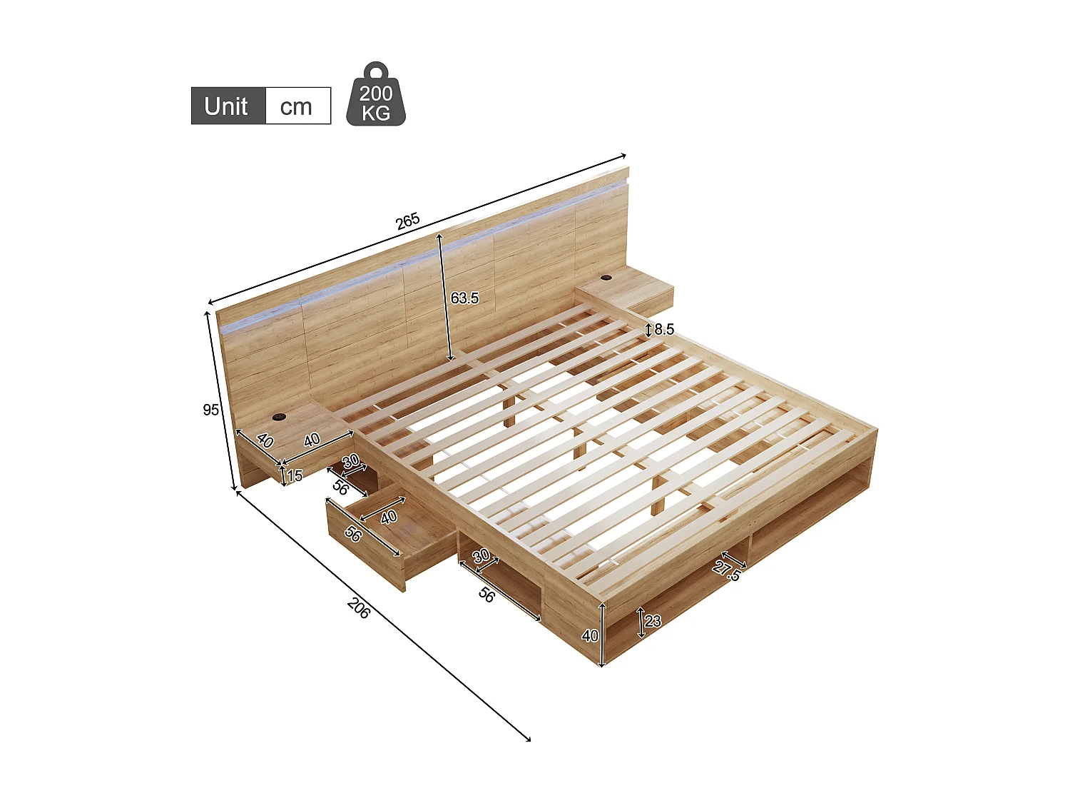 Lit coffre double en bois - 180 x 200 cm - avec USB + Leds + 2 tables de chevet + tiroirs + étagères - naturel
