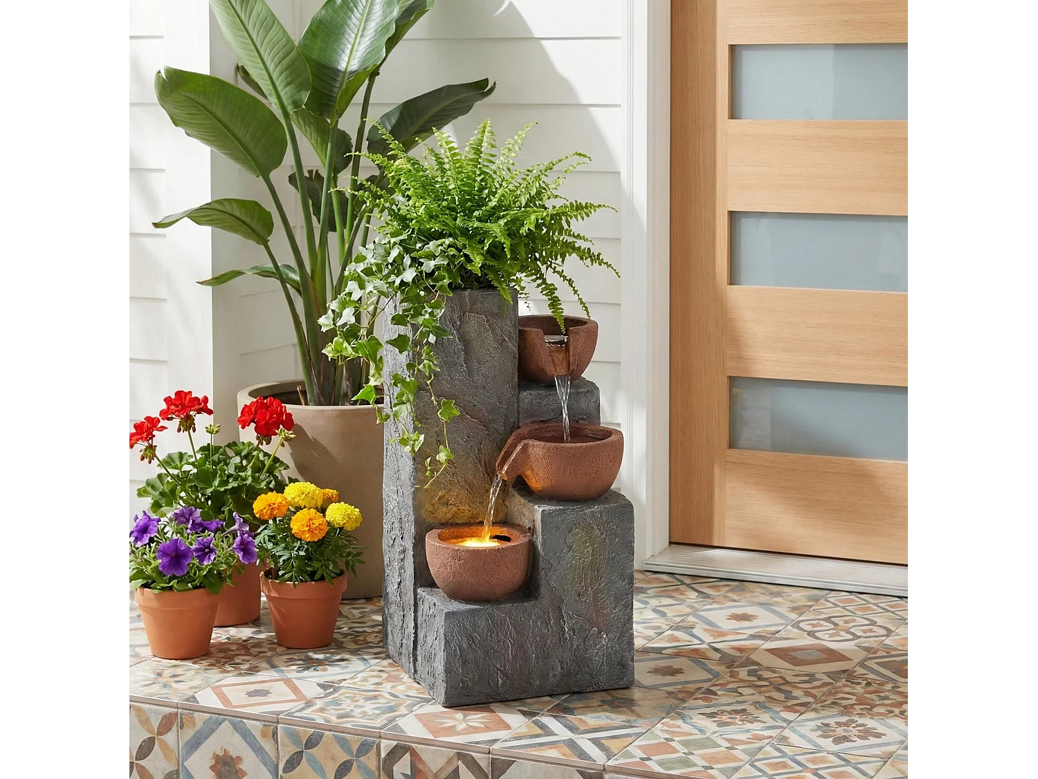 Fontaine de jardin décorative sur pied - 27 x 26 x 31 cm - style antique - 3 bassins avec eau courante Résine - gris