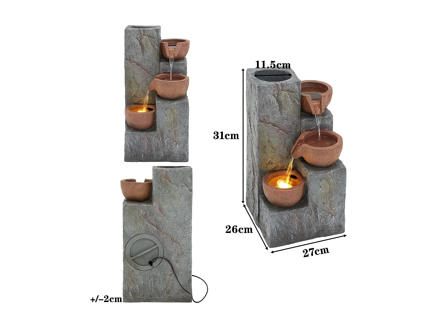 Fontaine de jardin décorative sur pied - 27 x 26 x 31 cm - style antique - 3 bassins avec eau courante Résine - gris