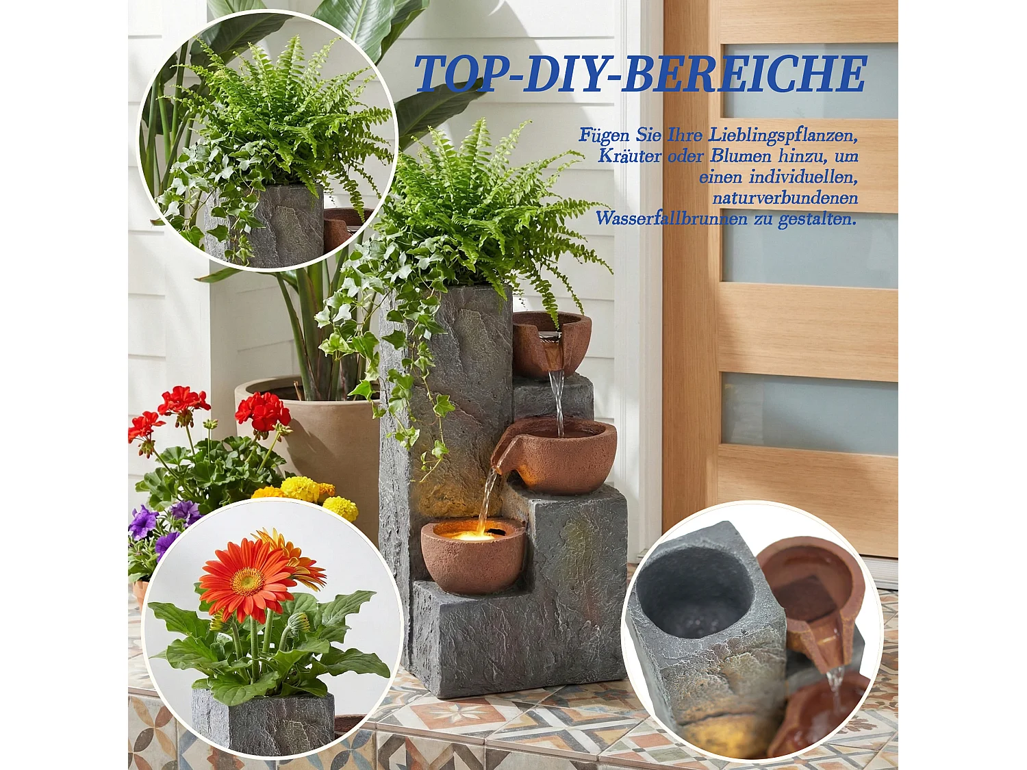 Fontaine de jardin décorative sur pied - 27 x 26 x 31 cm - style antique - 3 bassins avec eau courante Résine - gris