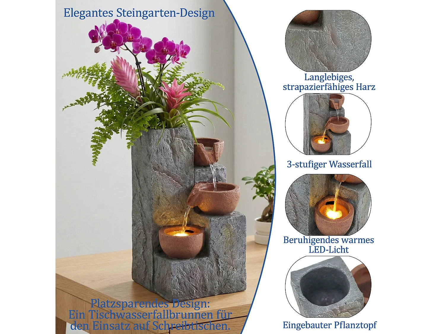 Fontaine de jardin décorative sur pied - 27 x 26 x 31 cm - style antique - 3 bassins avec eau courante Résine - gris