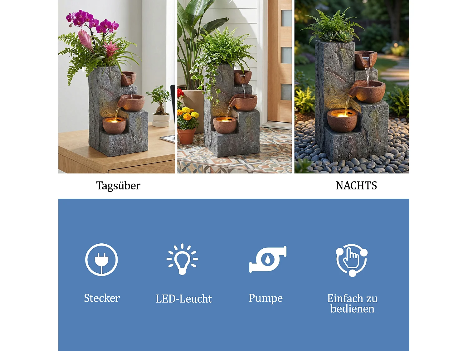 Fontaine de jardin décorative sur pied - 27 x 26 x 31 cm - style antique - 3 bassins avec eau courante Résine - gris