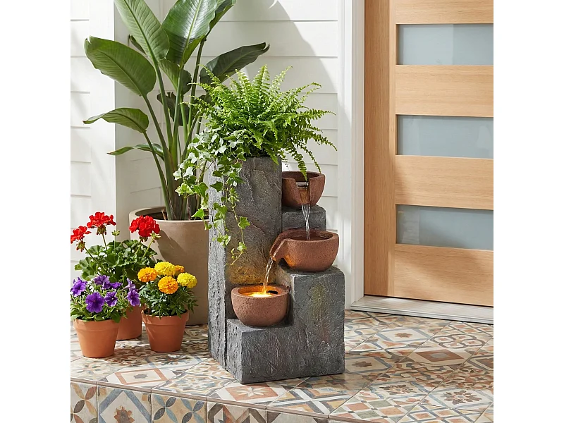 Fontaine de jardin décorative sur pied - 27 x 26 x 31 cm - style antique - 3 bassins avec eau courante Résine - gris