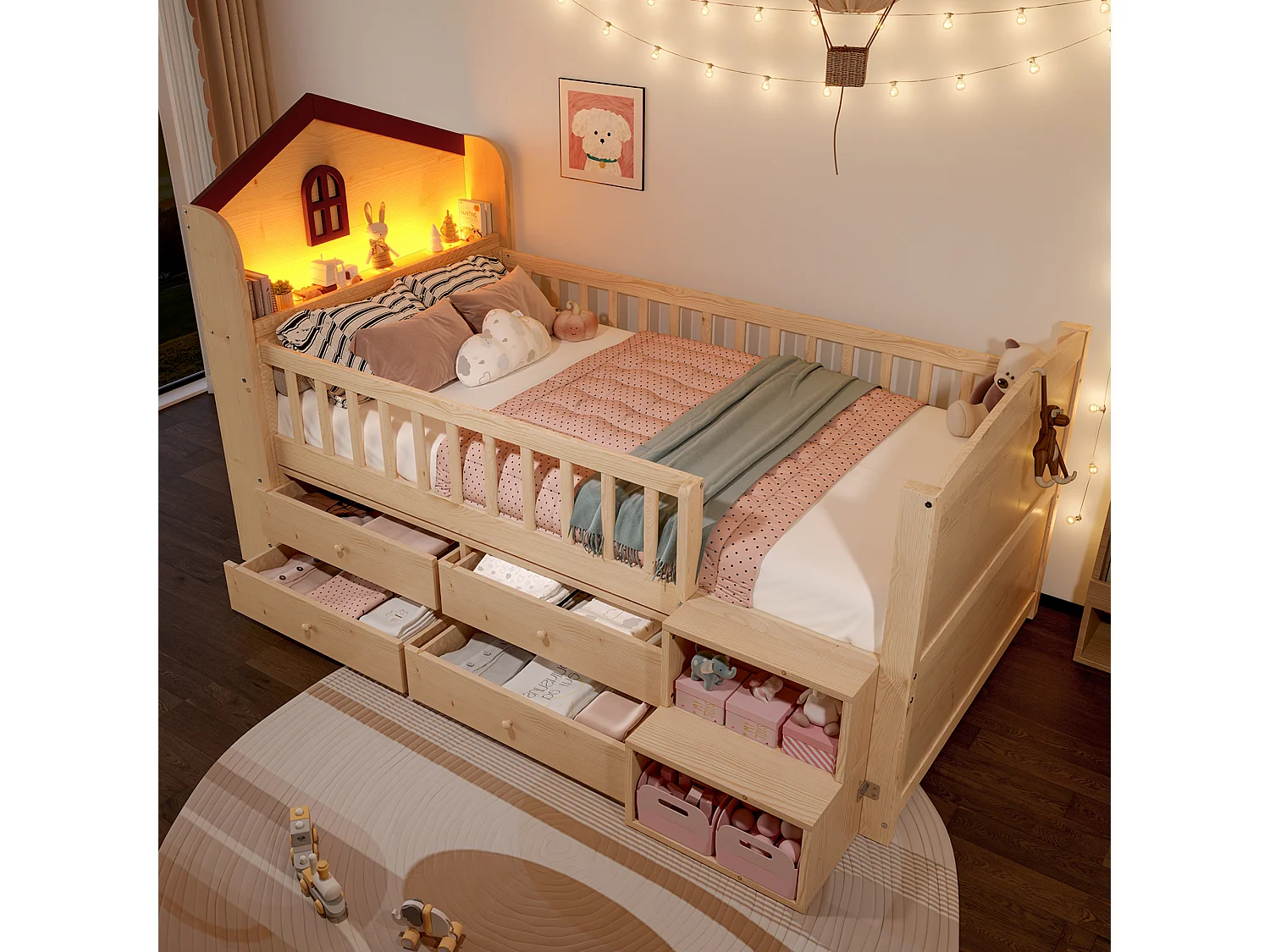 Lit mi-hauteur pour enfant - 90 x 200 cm - forme maison - avec fenêtre + 4 tiroirs + Leds - bois - naturel