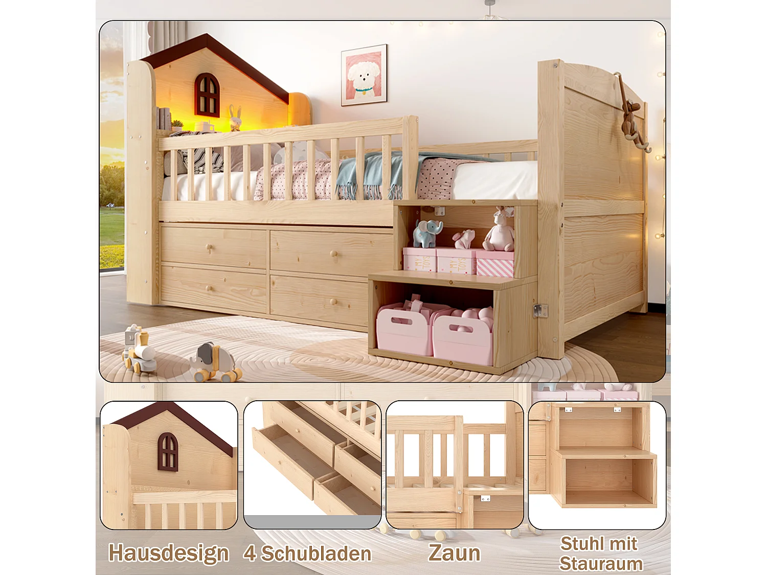 Lit mi-hauteur pour enfant - 90 x 200 cm - forme maison - avec fenêtre + 4 tiroirs + Leds - bois - naturel