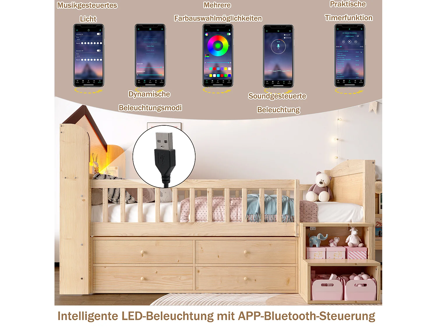 Lit mi-hauteur pour enfant - 90 x 200 cm - forme maison - avec fenêtre + 4 tiroirs + Leds - bois - naturel