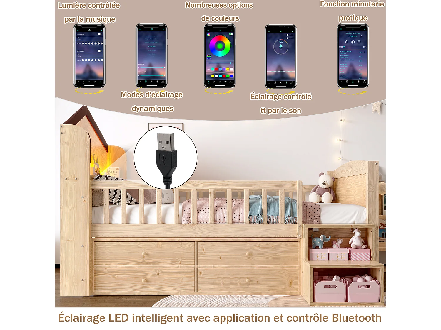 Lit mi-hauteur pour enfant - 90 x 200 cm - forme maison - avec fenêtre + 4 tiroirs + Leds - bois - naturel