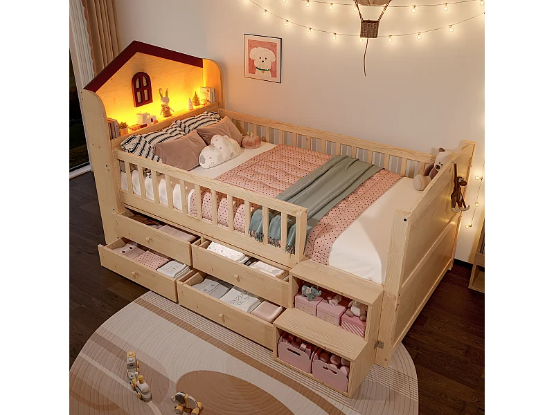 Lit mi-hauteur pour enfant - 90 x 200 cm - forme maison - avec fenêtre + 4 tiroirs + Leds - bois - naturel
