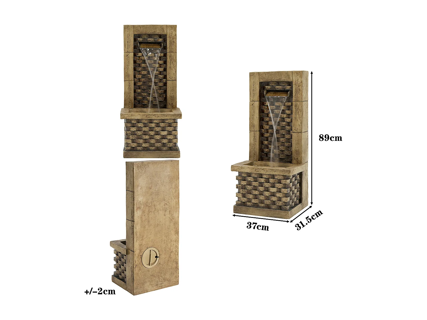 Fontaine de jardin décorative sur pied - 37 x 31.5 x 89 cm - style antique - 3 bassins avec eau courante Résine - marron