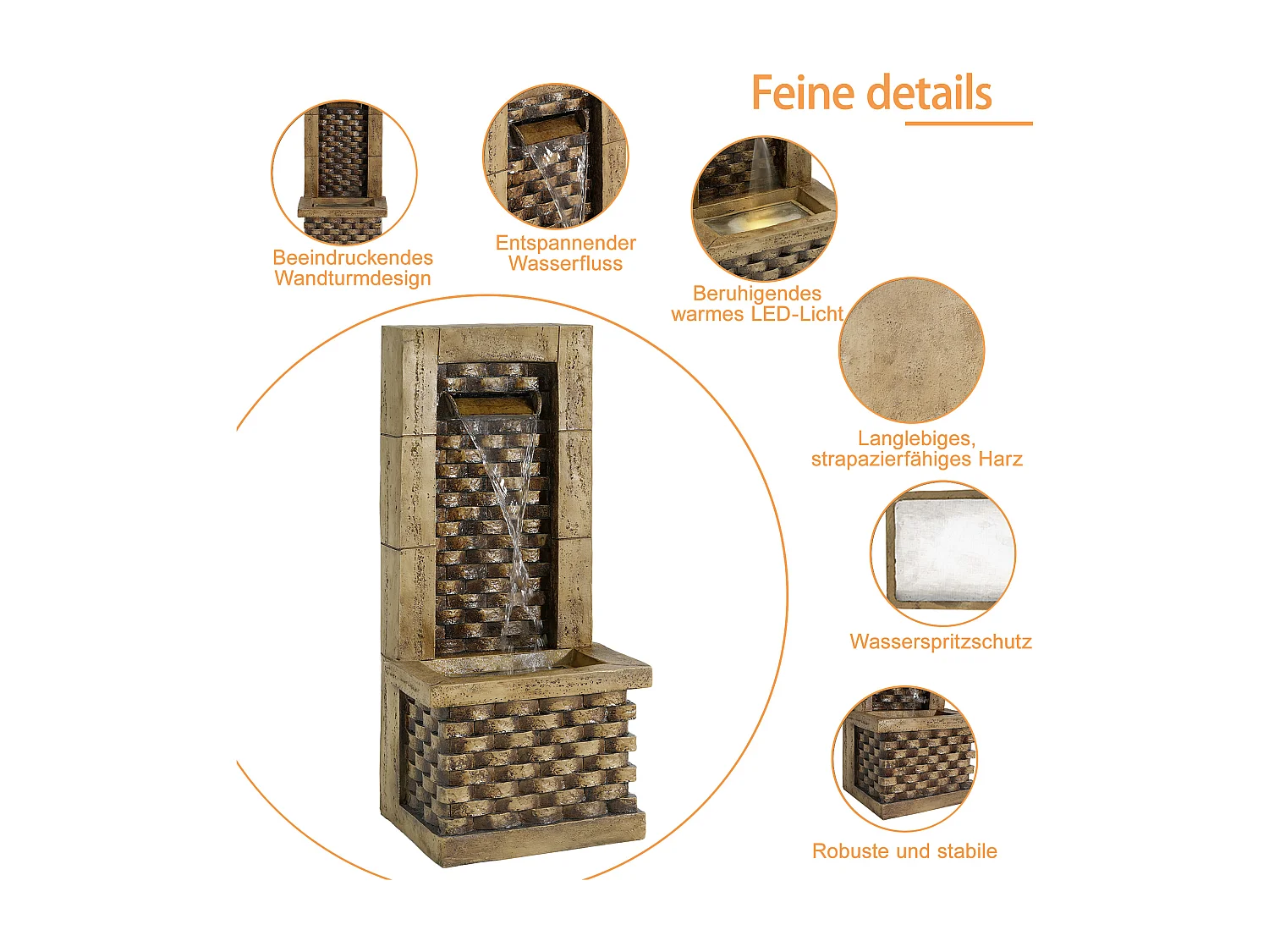 Fontaine de jardin décorative sur pied - 37 x 31.5 x 89 cm - style antique - 3 bassins avec eau courante Résine - marron