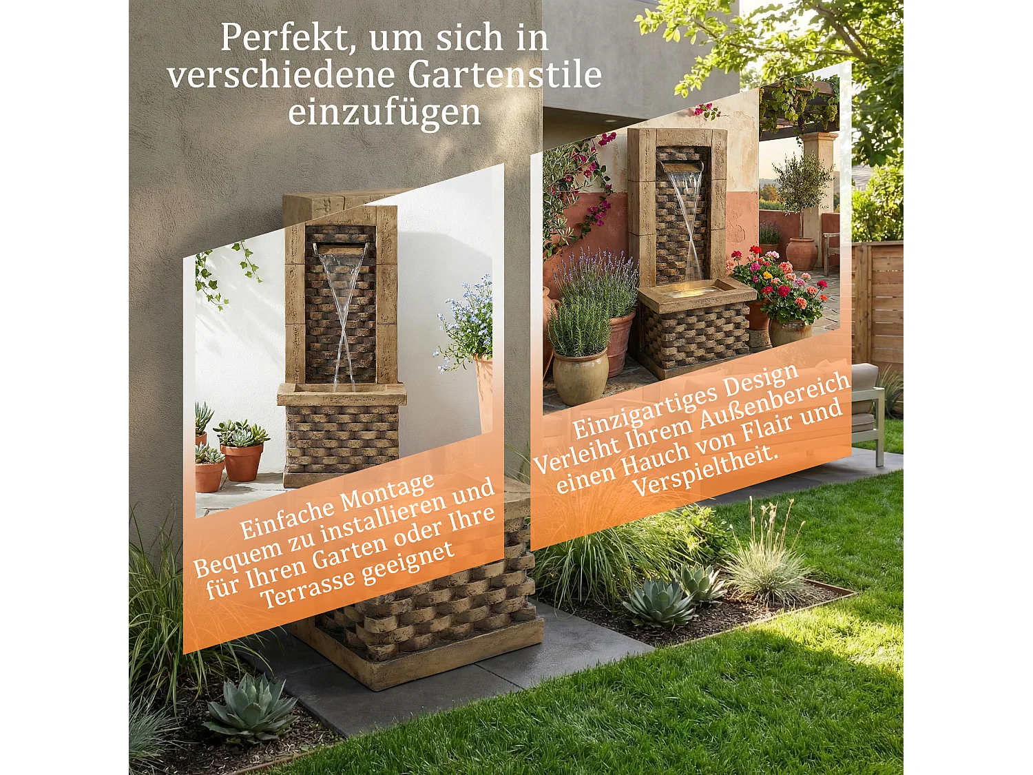 Fontaine de jardin décorative sur pied - 37 x 31.5 x 89 cm - style antique - 3 bassins avec eau courante Résine - marron