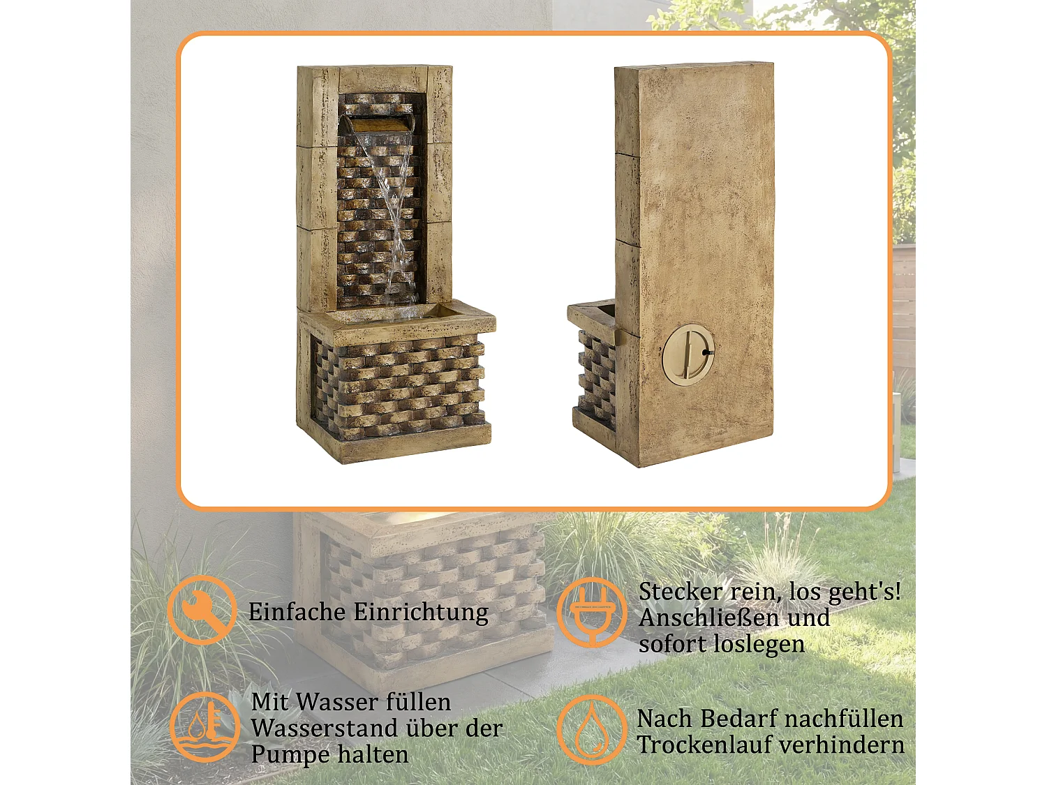 Fontaine de jardin décorative sur pied - 37 x 31.5 x 89 cm - style antique - 3 bassins avec eau courante Résine - marron