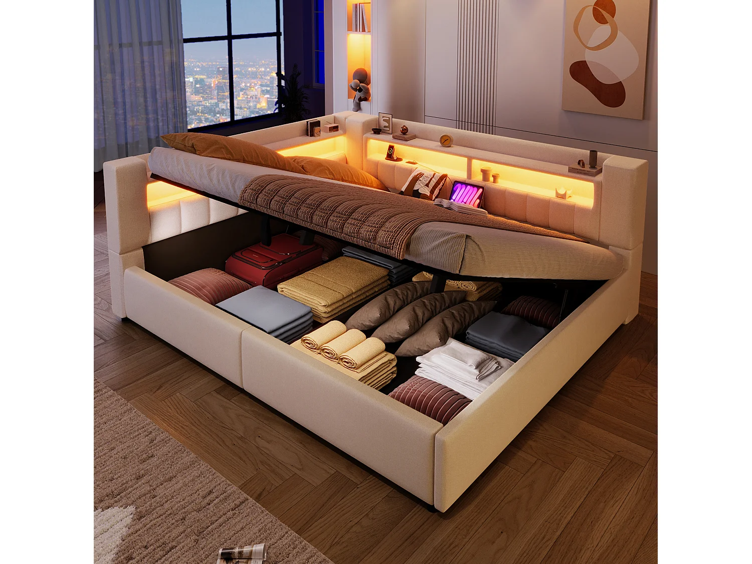 Hydraulisch opbergbare slaapbank voor kinderen - 140 x 200 cm - met USB + Type-C + LED's + opbergruimte - linnen - beige