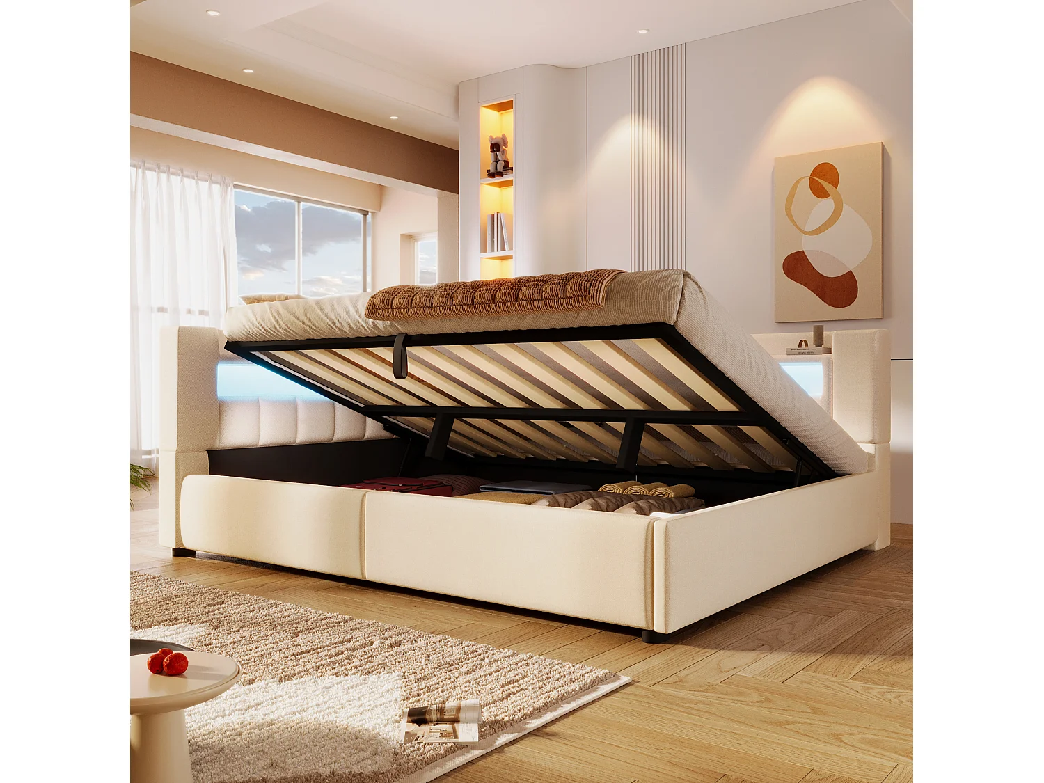 Hydraulisch opbergbare slaapbank voor kinderen - 140 x 200 cm - met USB + Type-C + LED's + opbergruimte - linnen - beige