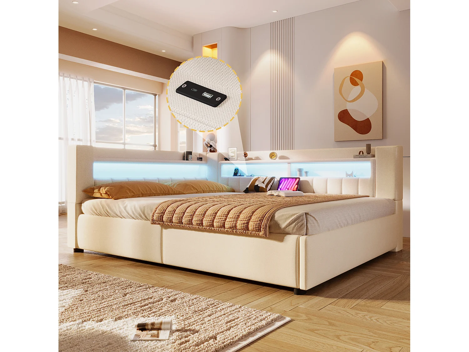 Hydraulisch opbergbare slaapbank voor kinderen - 140 x 200 cm - met USB + Type-C + LED's + opbergruimte - linnen - beige