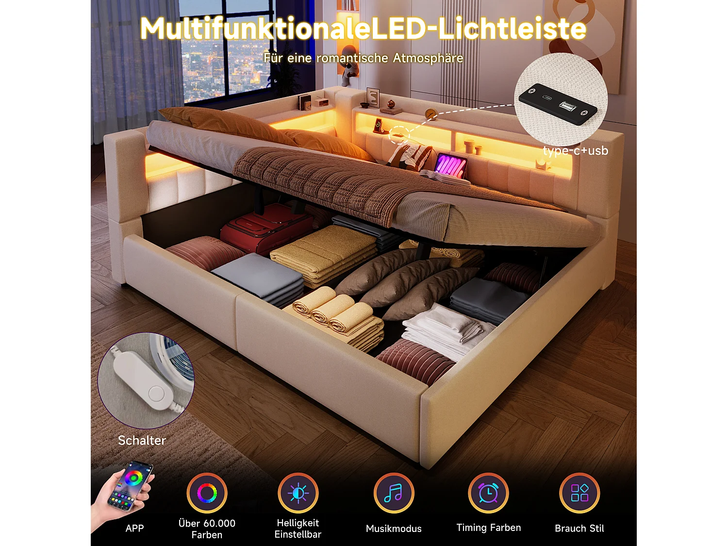 Hydraulisch opbergbare slaapbank voor kinderen - 140 x 200 cm - met USB + Type-C + LED's + opbergruimte - linnen - beige