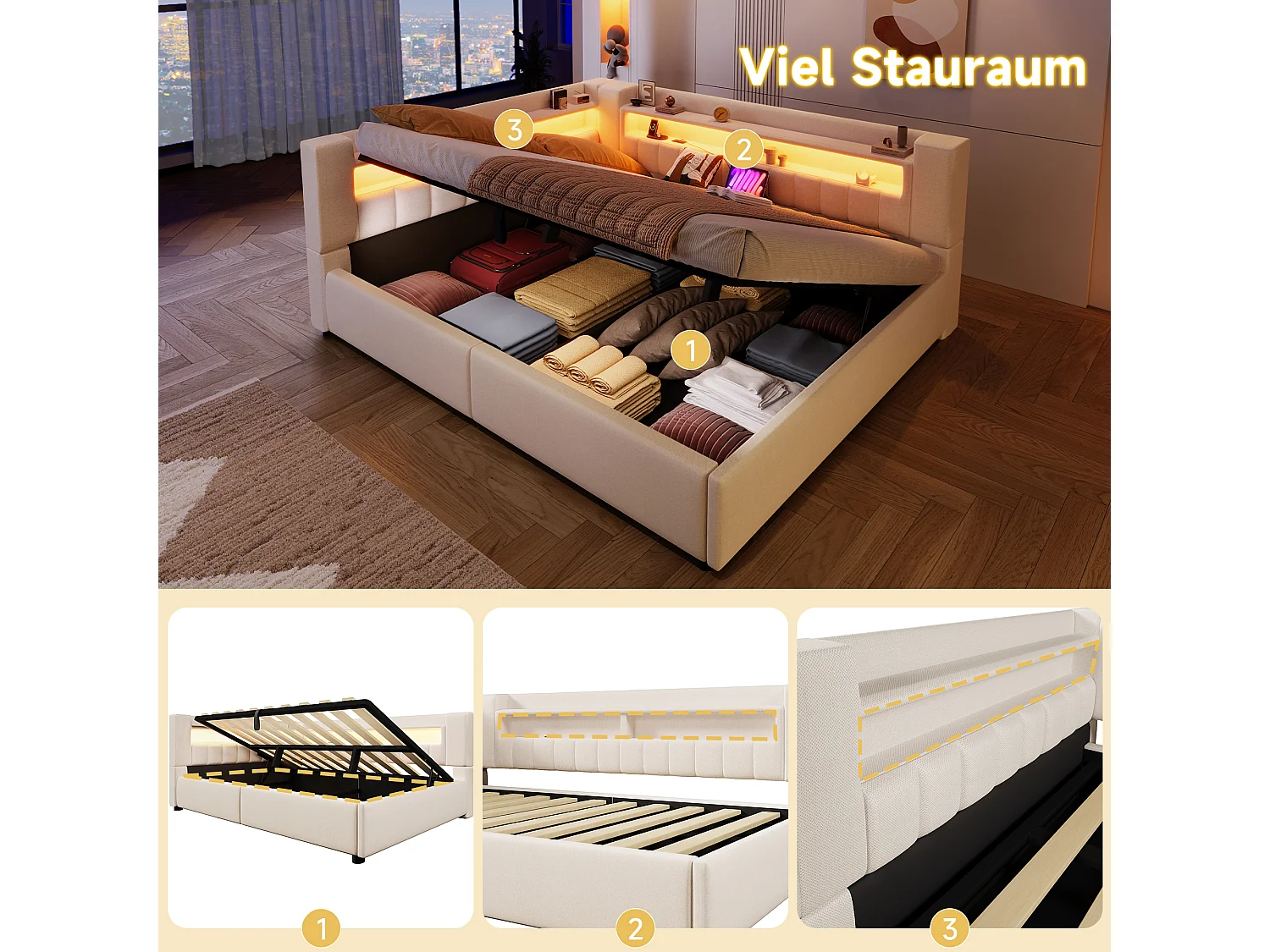 Hydraulisch opbergbare slaapbank voor kinderen - 140 x 200 cm - met USB + Type-C + LED's + opbergruimte - linnen - beige