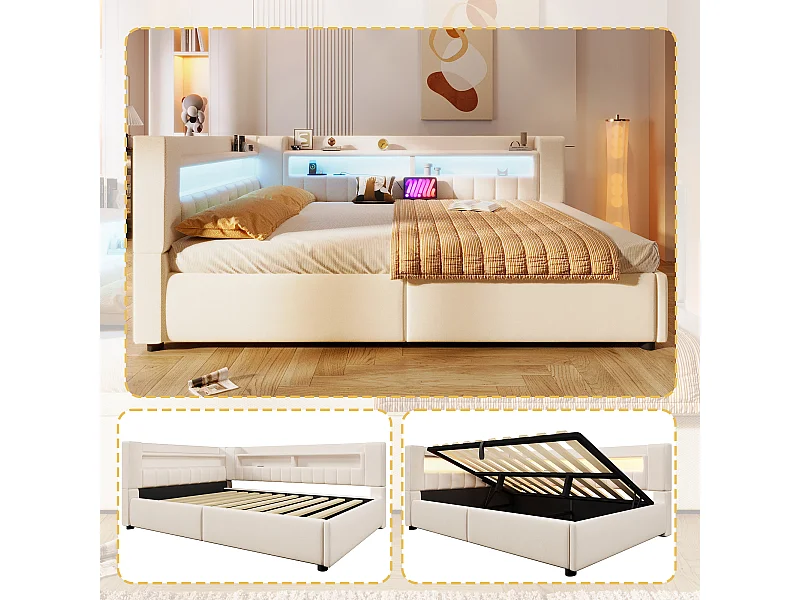 Hydraulisch opbergbare slaapbank voor kinderen - 140 x 200 cm - met USB + Type-C + LED's + opbergruimte - linnen - beige