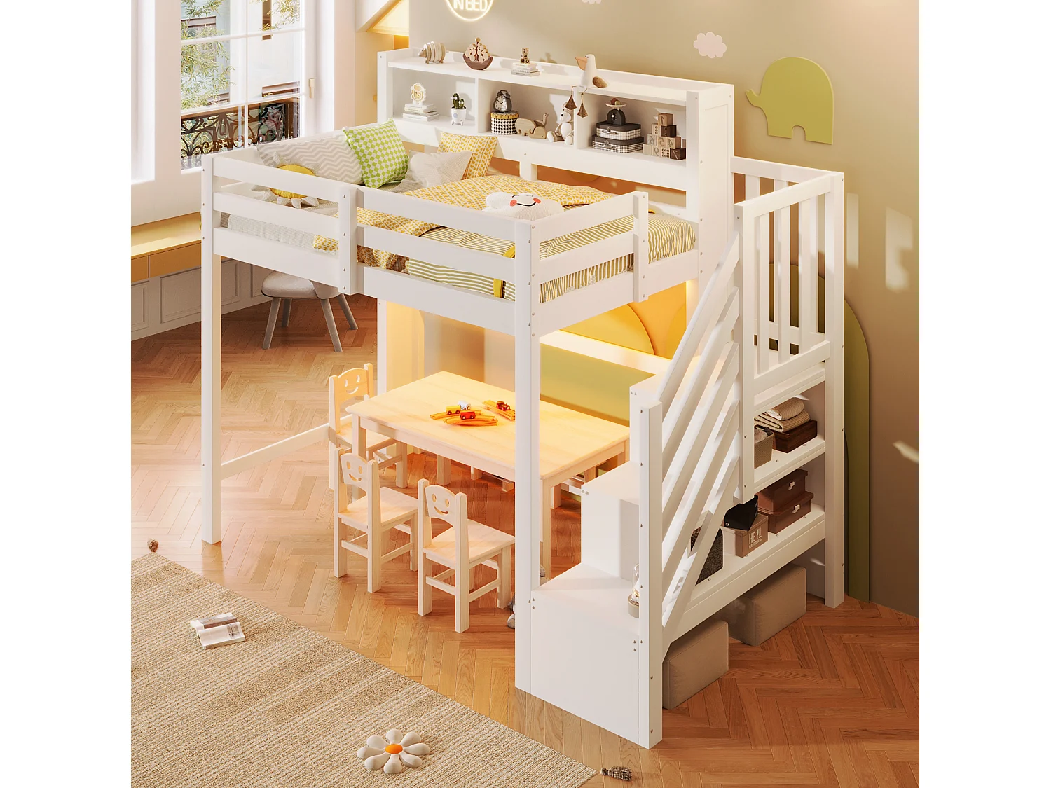 Lit mezzanine pour enfant - 90 x 200 cm - avec Leds + échelle de rangement + étagère de rangement - bois - blanc